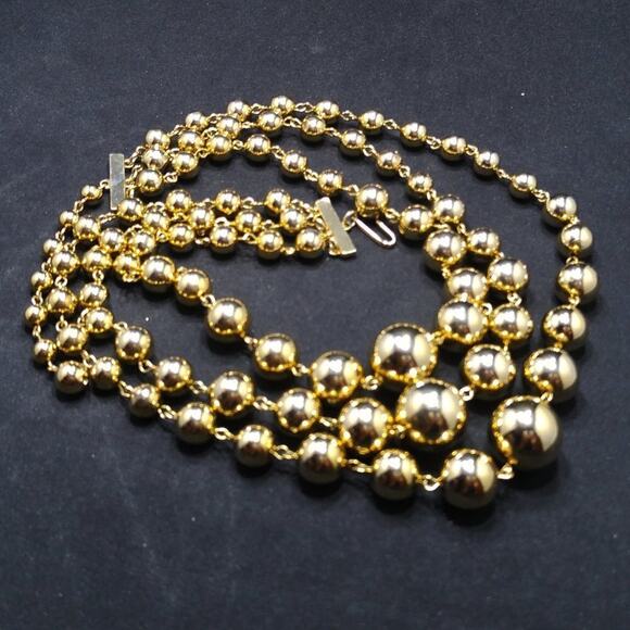 Vintage Gold Bead Three Strand Necklace, Rosary Style Wire, 1950s, 18 Inches - Picture 6 of 6